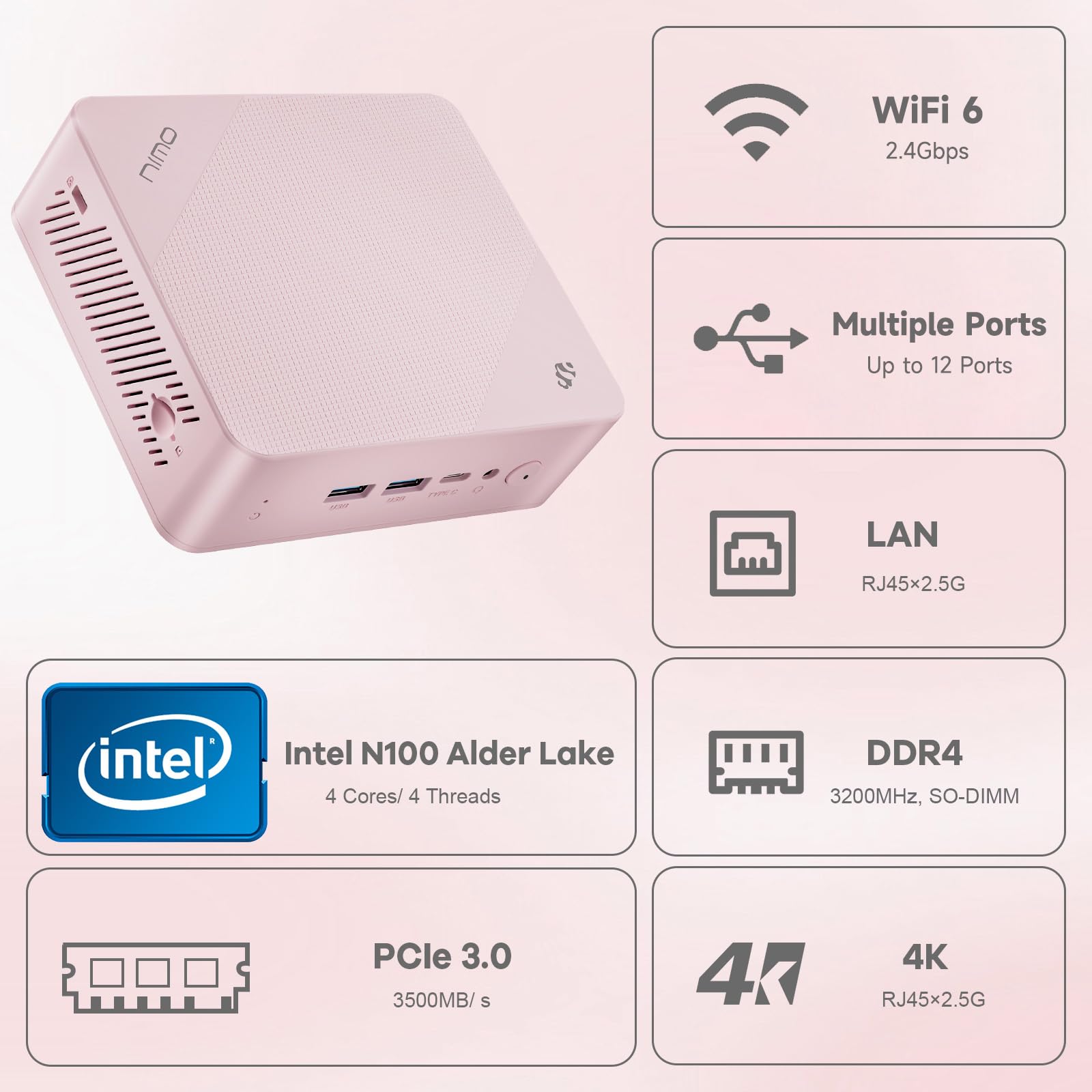 NIMO Mini-PC, 16GB RAM 512GB M.2 SSD Intel 12th Gen N100(Beat i3